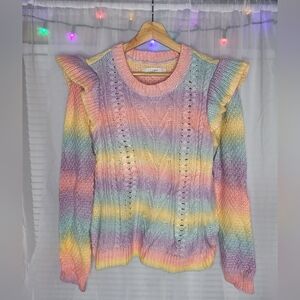 Loft Pastel Rainbow Knit Sweater Womens Size Large Ruffle Multicolor